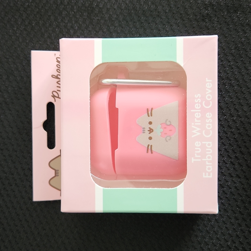 Pusheen pink cat with strawberry generation 1 & 2 Apple Airpods case.